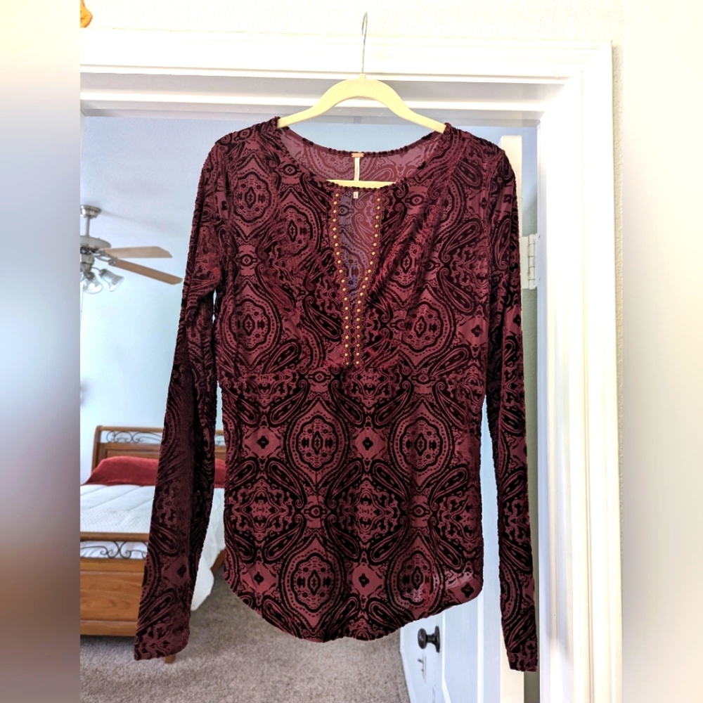 Free People Burn Out Velvet Burgundy Top